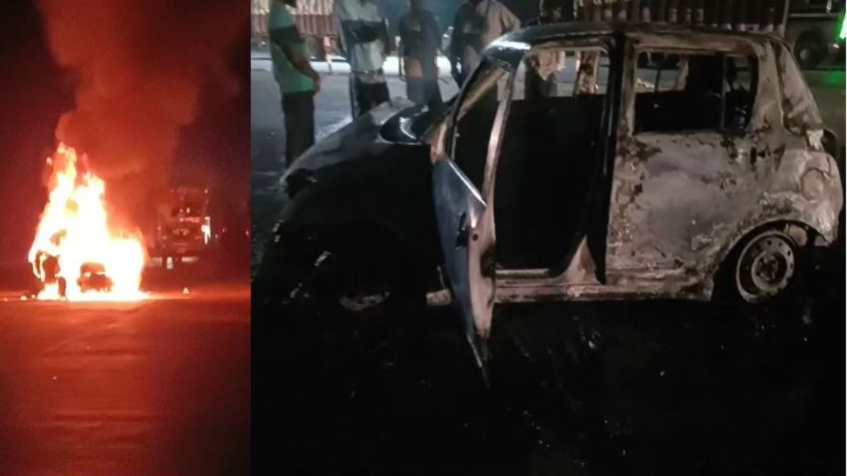 टोल प्लाजा के पास चलती कार में लगी भीषण आगः CNG भरवाकर मनावर जा रहे सवार बाल-बाल बचे