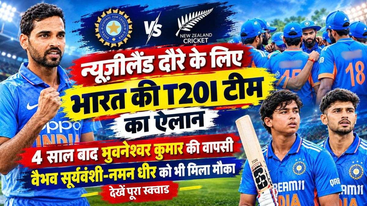 न्यूजीलैंड दौरे के लिए भारत की T20I टीम का ऐलान: 4 साल बाद भुवनेश्वर कुमार की वापसी, वैभव सूर्यवंशी-नमन धीर को भी मिला मौका, देखें पूरा स्क्वाड