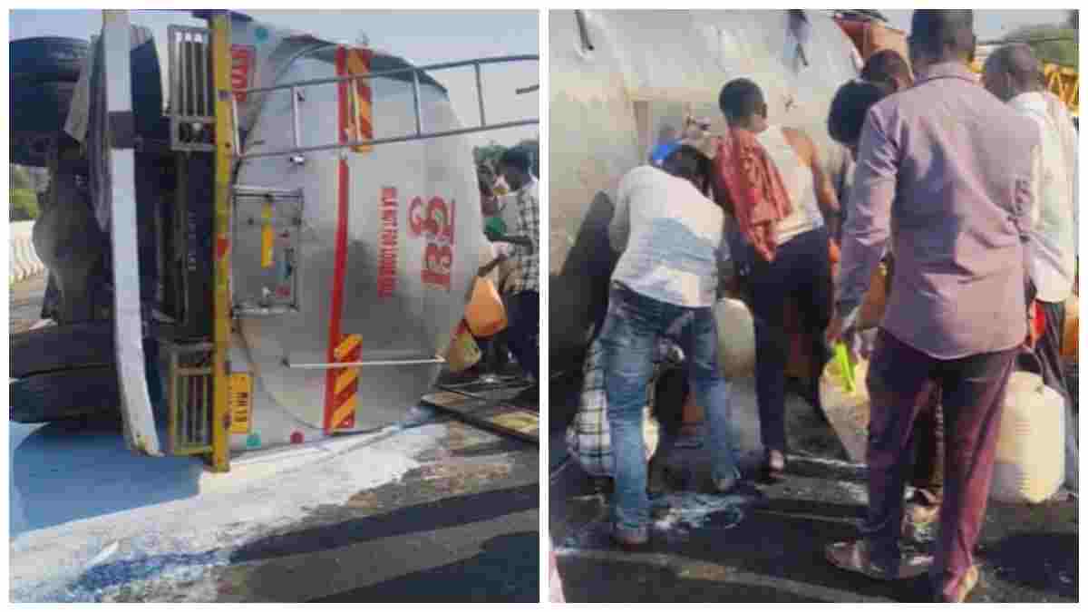नेशनल हाईवे पर पलटा दूध से भरा टैंकर: मची लूट, ग्रामीण बर्तनों में भर-भरकर ले गए दूध