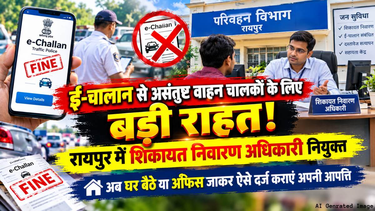 ई-चालान से असंतुष्ट वाहन चालकों के लिए बड़ी राहत! रायपुर में शिकायत निवारण अधिकारी नियुक्त, अब घर बैठे या ऑफिस जाकर ऐसे दर्ज कराएं अपनी आपत्ति