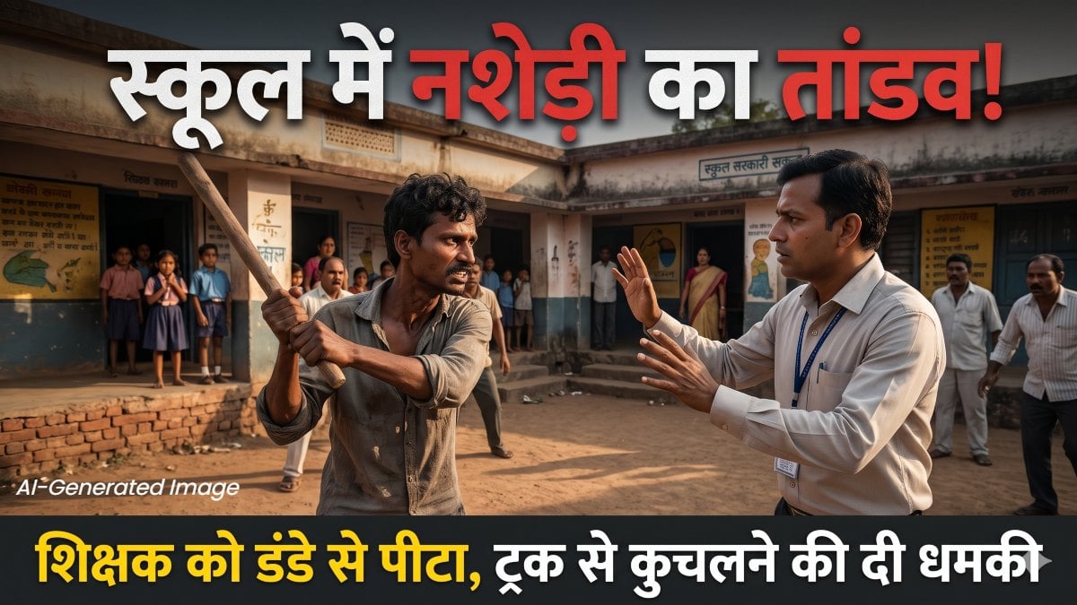 CG Crime News : स्कूल में नशेड़ी का तांडव, शिक्षक को डंडे से पीटा, ट्रक से कुचलने की दी धमकी