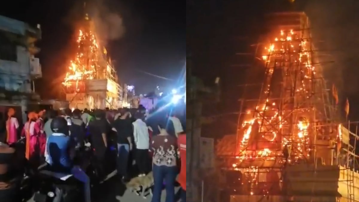 निर्माणाधीन माता रानी के पंडाल में लगी आग, मचा हड़कंप, देखें VIDEO…