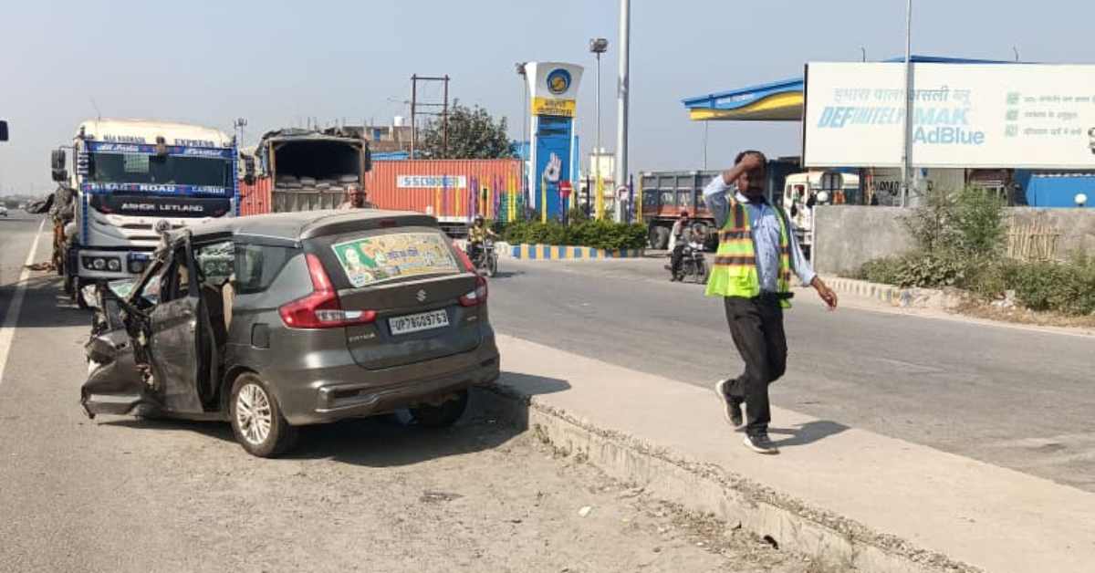 हाइवे पर मौत से सामनाः NH-19 पर कंटेनर से टकराकर पुलिस टीम की कार पलटी, कार सवार का हाल देख चीख पड़े लोग
