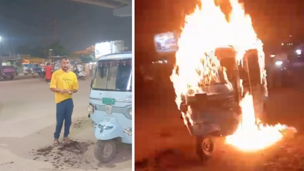 सवारी बैठाने को लेकर विवाद, नाराज ड्राइवर ने अपने ही ईवी ऑटो में लगाई आग, देखें VIDEO…
